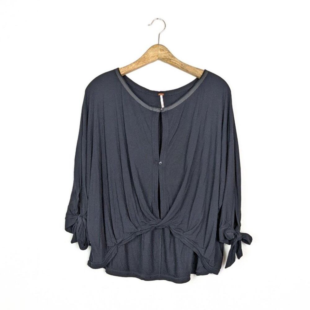 Free People Black Solid Keepin' On Button Blouse Size M